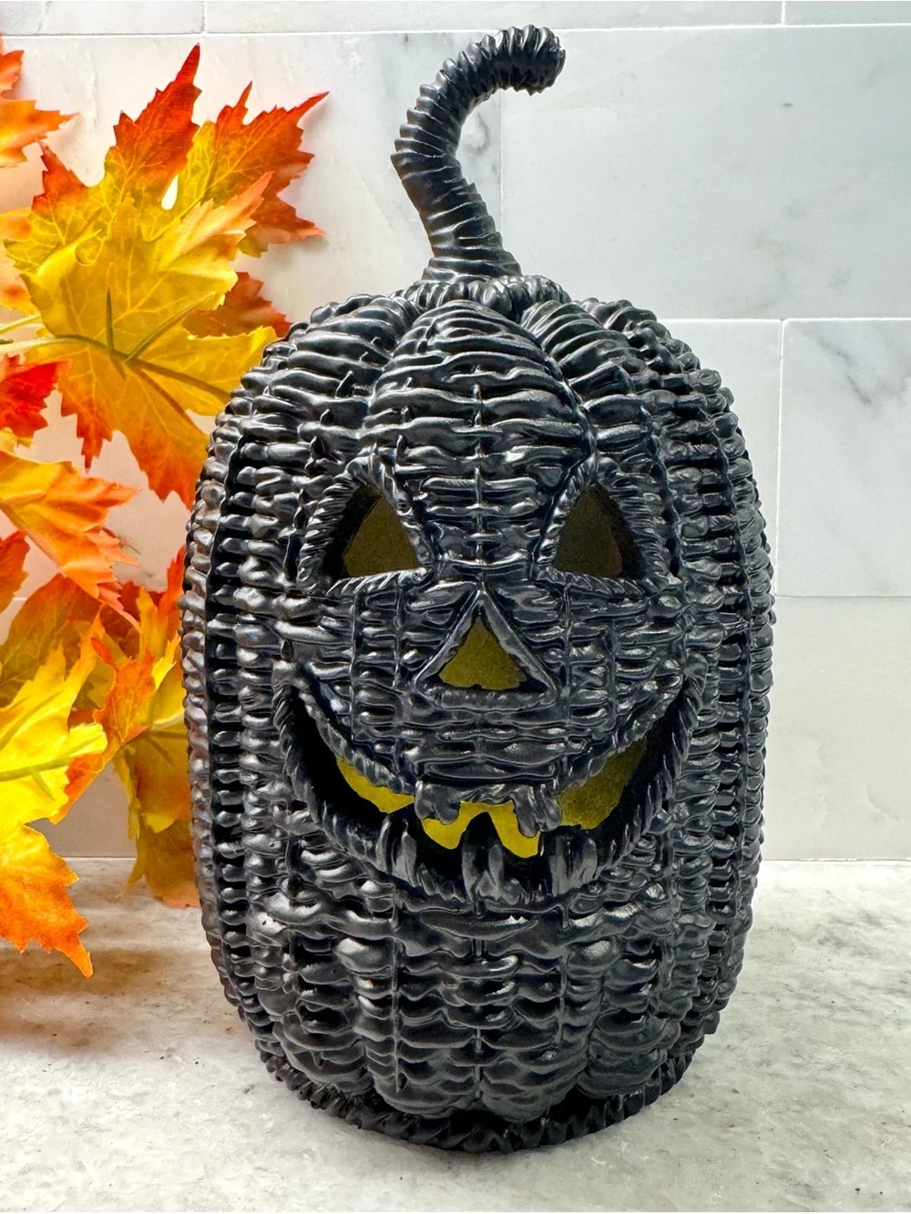 New Halloween RESIN Faux Wicker Black Jack-o'-Lantern Pumpkin w/ Tea Light - 8